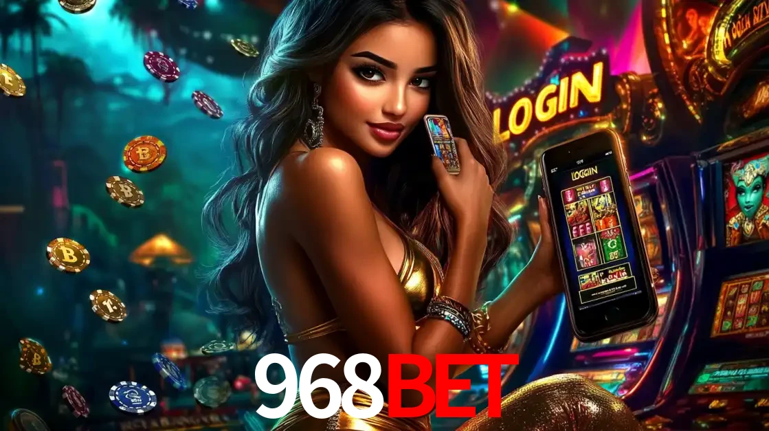 Mulher em um cenário de cassino temático de aventura, mostrando o app de caça-níqueis da 968bet no celular. Fichas de apostas flutuam ao redor.