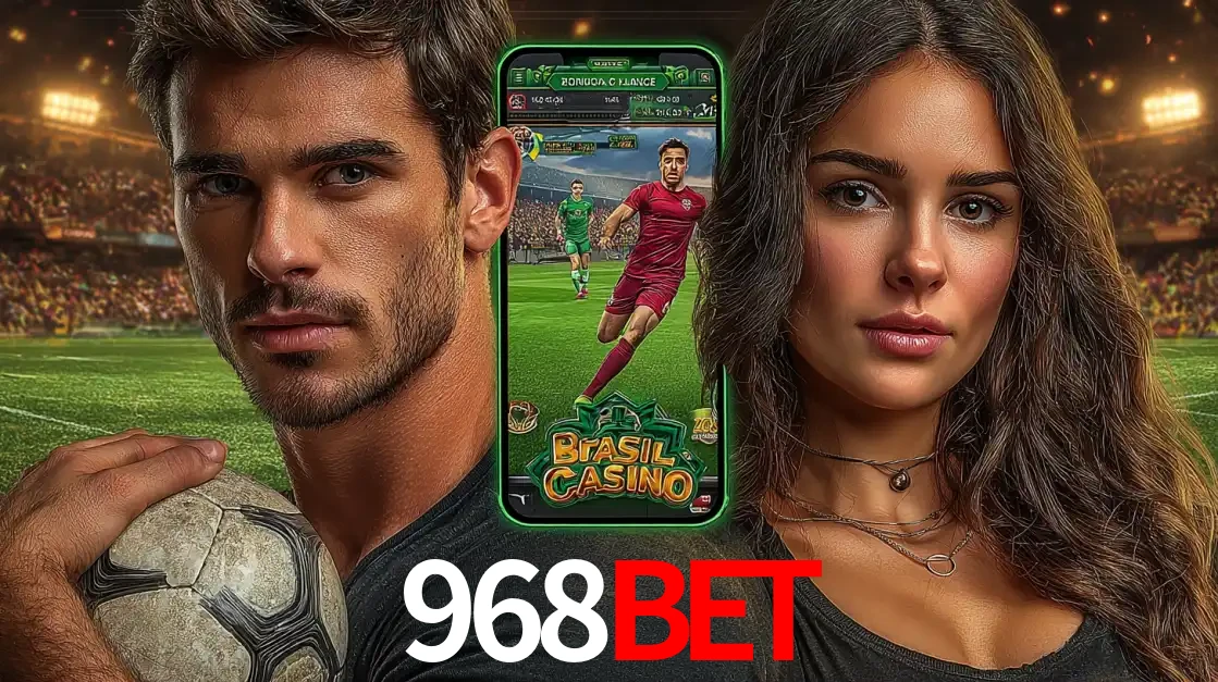 Homem segurando uma bola de futebol e uma mulher ao lado de um smartphone exibindo o jogo de apostas esportivas da 968bet. Faça seu palpite no cassino online.